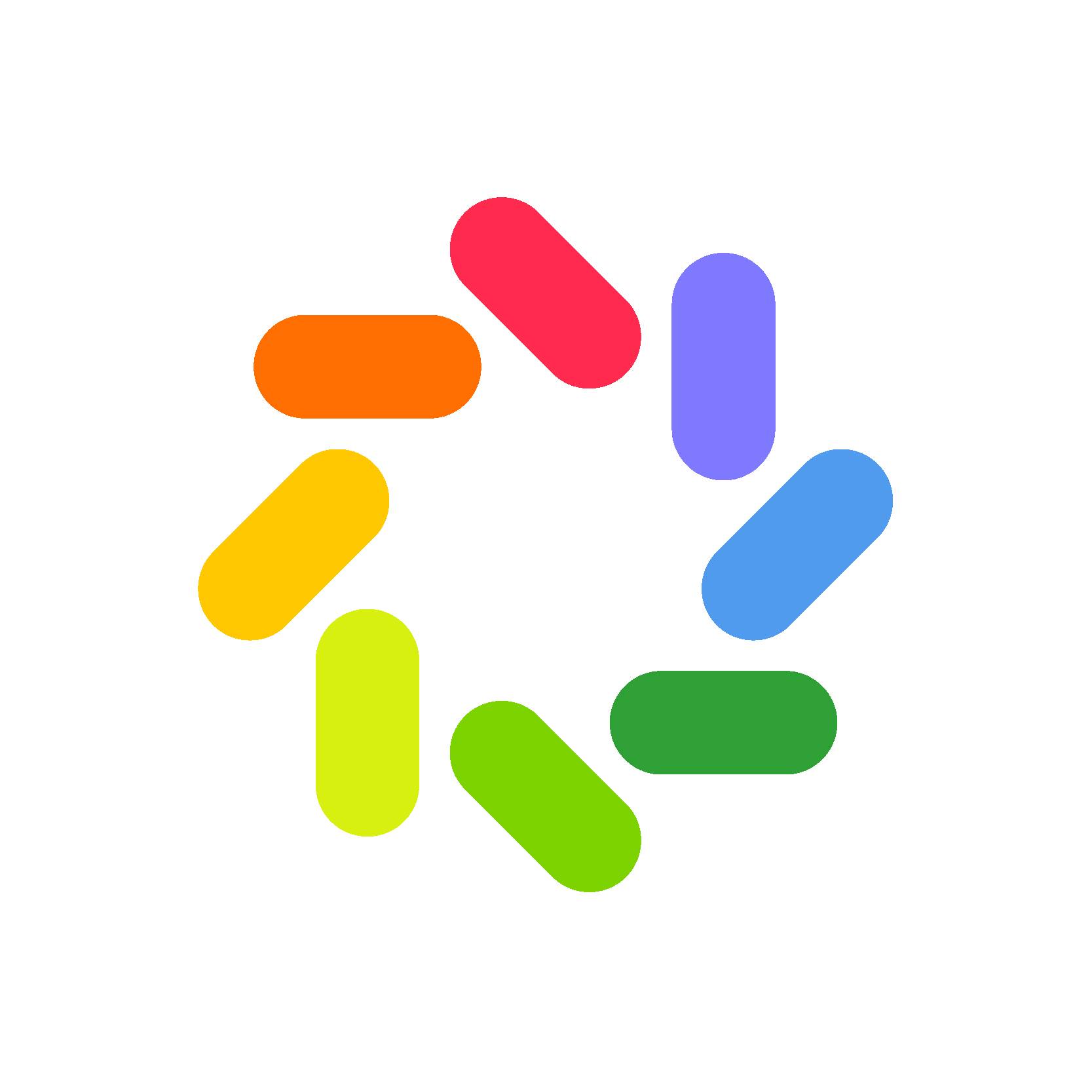 Rounded logo - a series of rainbow coloured oval shapes arranged in a circle shape. 