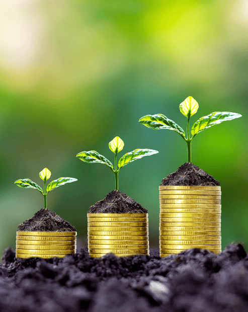 Three stacks of gold coins sit on a bed of dark soil, arranged in increasing heights from left to right. Each stack is topped with a small mound of dirt from which a vibrant green seedling is sprouting. The background is a soft, out-of-focus green bokeh, suggesting a natural outdoor setting and the concept of financial growth and cultivation.