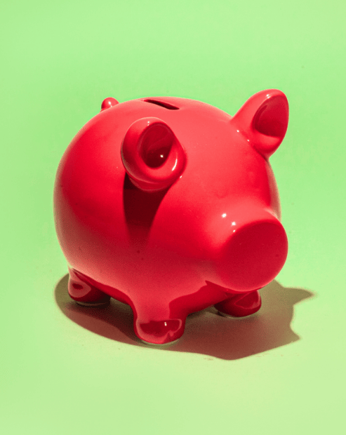 Small hero image for the funding fundamentals workshop. A bright red ceramic piggy bank stands in the centre of a solid, light green background. 