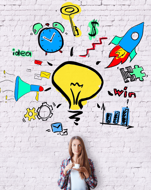 A creative entrepreneur brainstorming business ideas, represented by a lightbulb, rocket, and growth charts drawn on the wall behind her. It represents the How to Start a Creative Business Workshop.