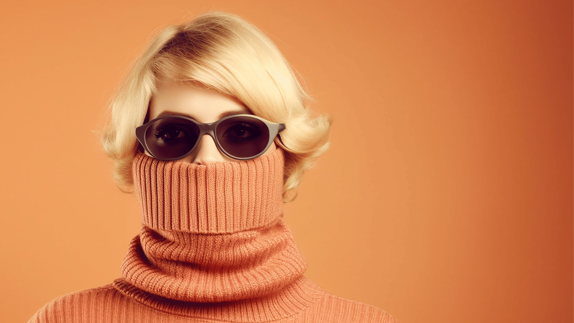 Adhoc March 2026 – Imposterism – Blog Hero A blonde woman wearing dark sunglasses and a high orange turtleneck sweater pulled up over her face, representing the 'Imposters Club' and the feeling of hiding or camouflage in a creative career.