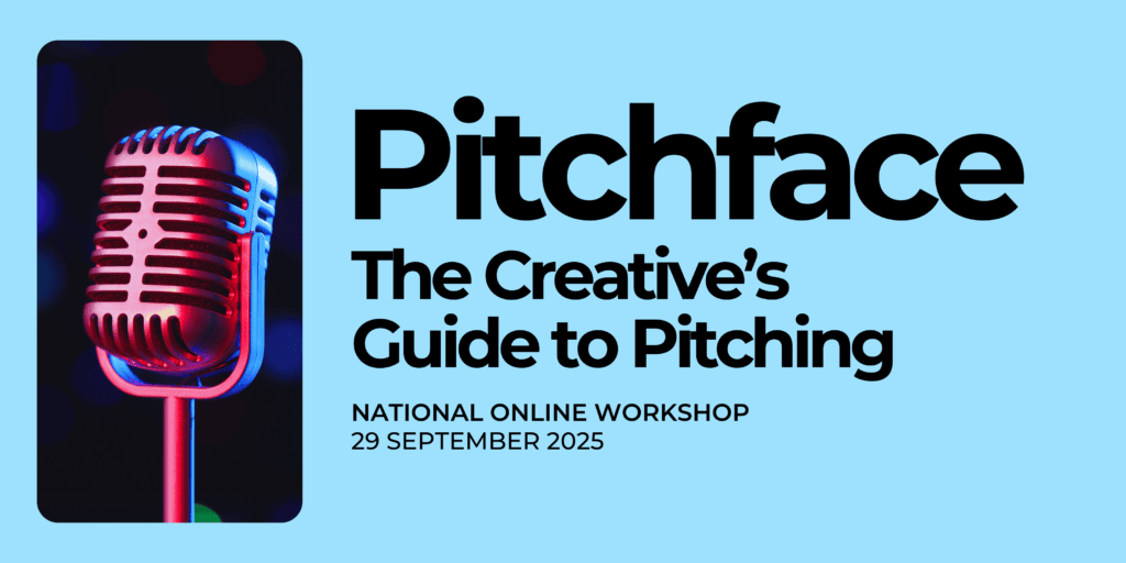A vintage-style microphone illuminated with red and blue lighting on a dark background. The text against a light blue background reads: "Pitchface: The Creative's Guide to Pitching. NATIONAL ONLINE WORKSHOP 29 SEPTEMBER 2025.