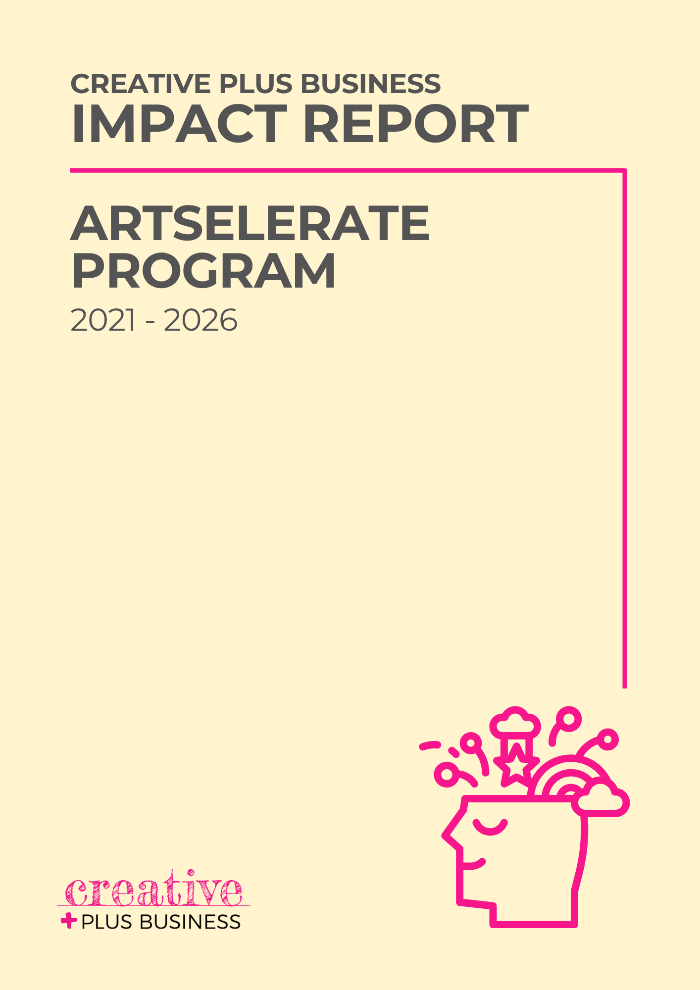 Impact Report cover tile for the "Screen Artselerate Pilot Program, May - June 2025." Dark grey background with pink text and a pink clapperboard icon with sparkling effects. Logos include Creative Plus Business, NSW Government, and Screen NSW.