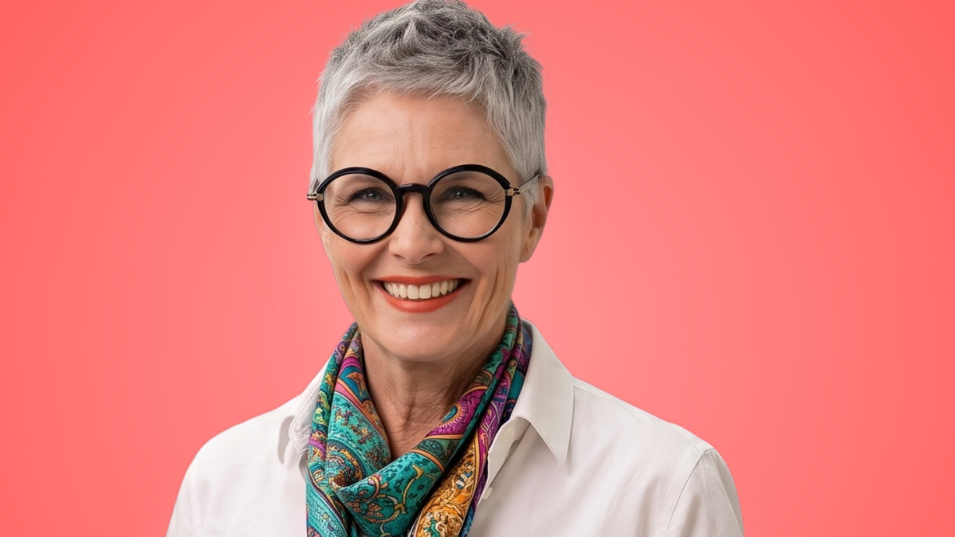 Client Characters Personas and Profiling A smiling woman with short silver hair and round black glasses, wearing a white button-down shirt and a colorful patterned scarf, posed against a solid light red background. The image represents 'Margaret', a client profile created to assist with marketing.